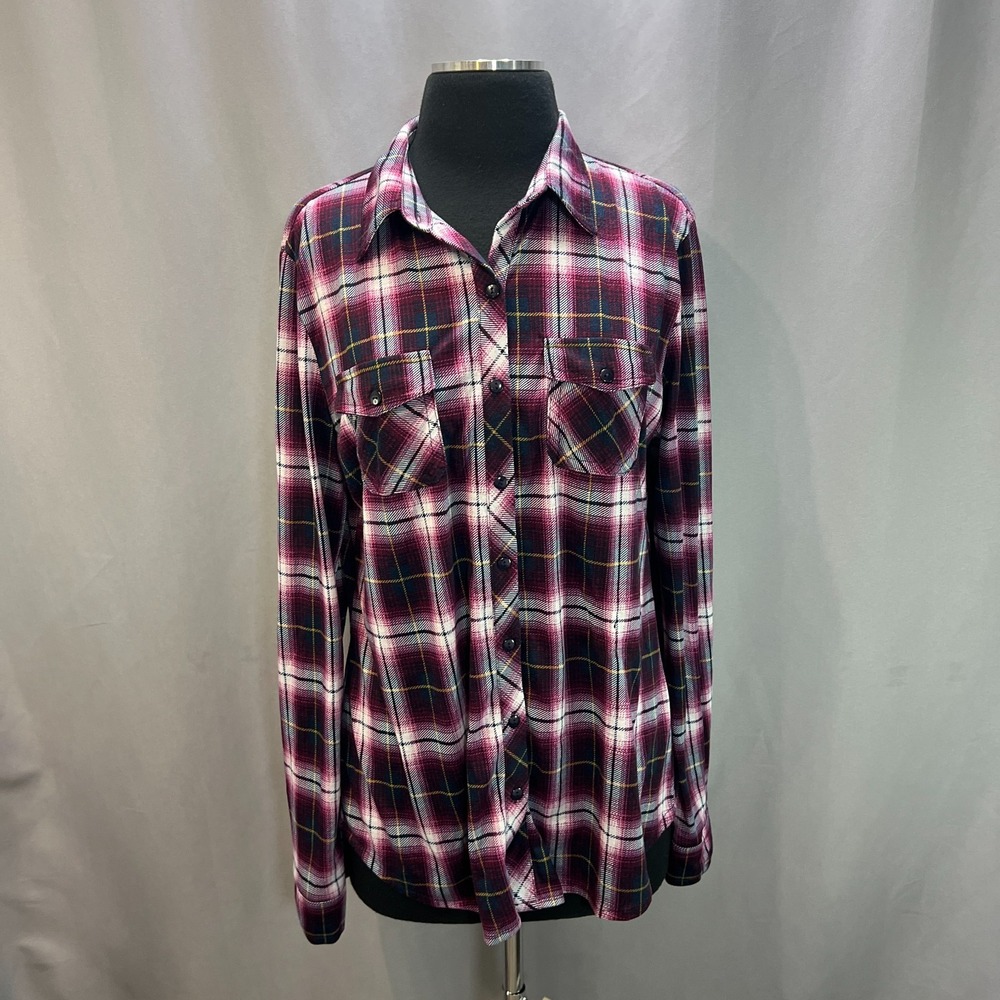 R&B Flannel Shirt Womens XL Purple Black Black Plaid Dual Chest Pocket Button Up